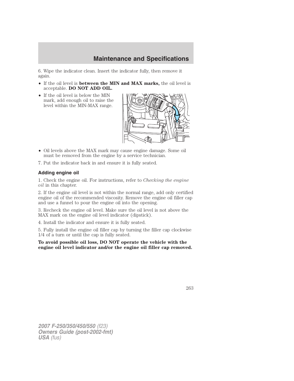 Adding engine oil, Maintenance and specifications | FORD 2007 F-550 v.2 User Manual | Page 263 / 312