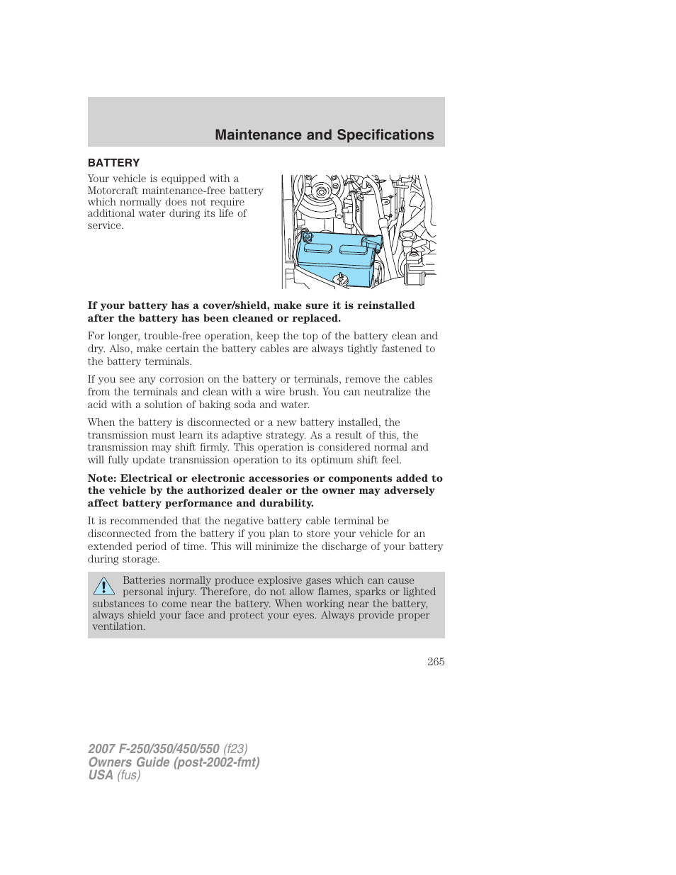 Battery, Maintenance and specifications | FORD 2007 F-550 v.2 User Manual | Page 265 / 312