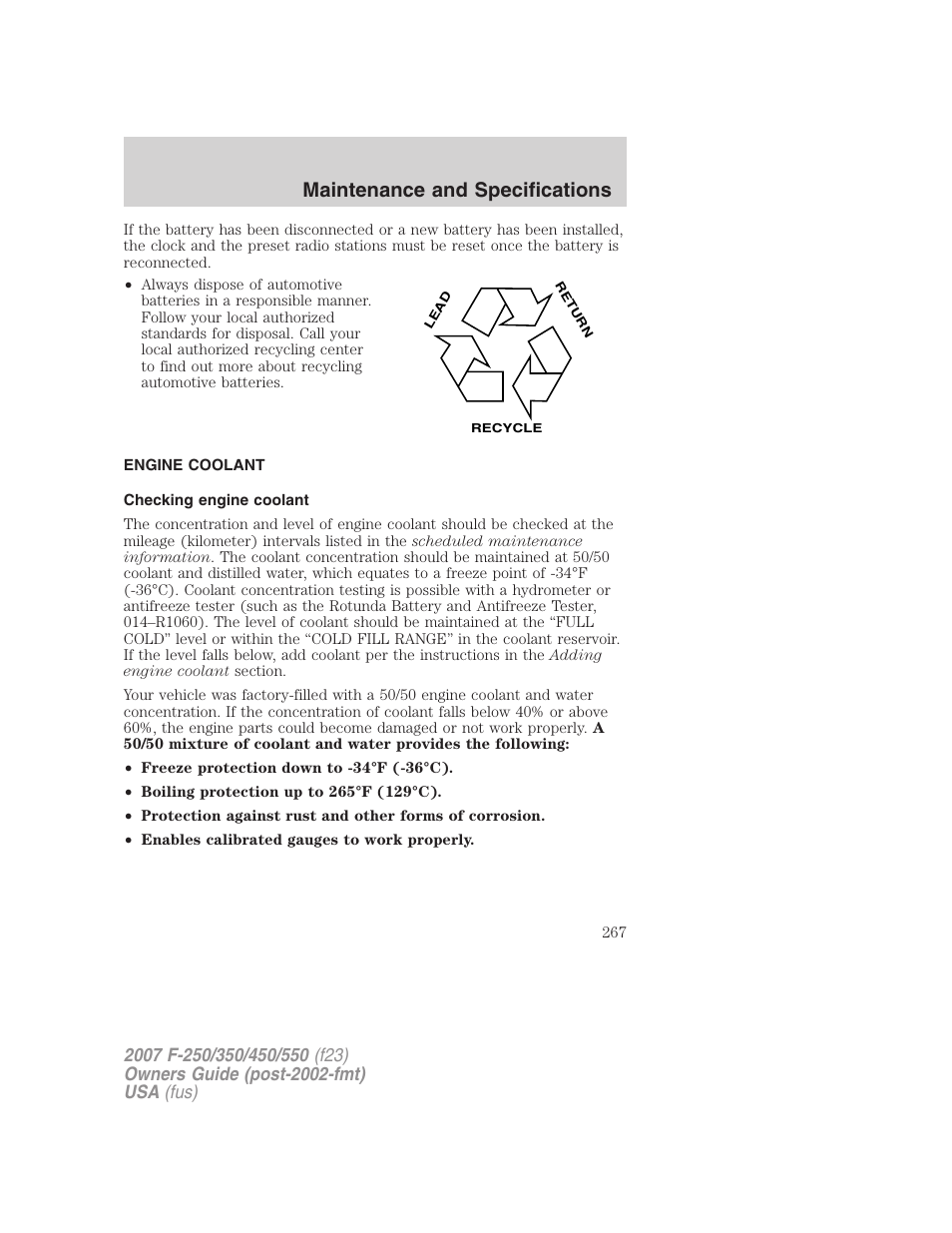 Engine coolant, Checking engine coolant, Maintenance and specifications | FORD 2007 F-550 v.2 User Manual | Page 267 / 312