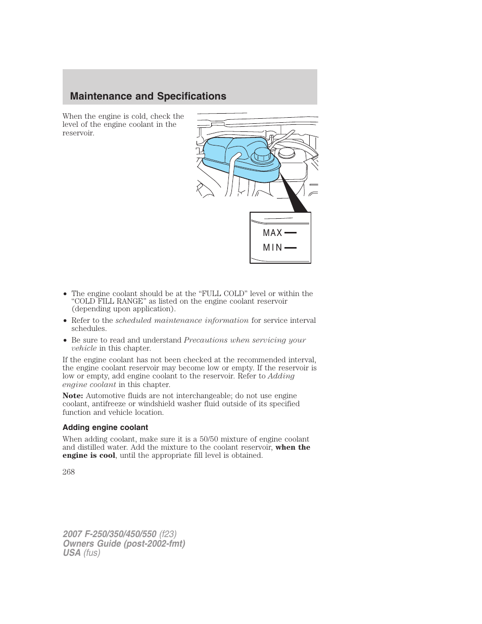 Adding engine coolant, Maintenance and specifications | FORD 2007 F-550 v.2 User Manual | Page 268 / 312
