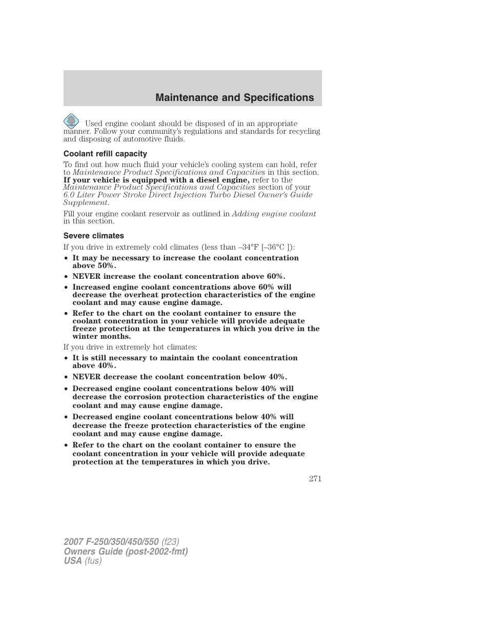 Coolant refill capacity, Severe climates, Maintenance and specifications | FORD 2007 F-550 v.2 User Manual | Page 271 / 312