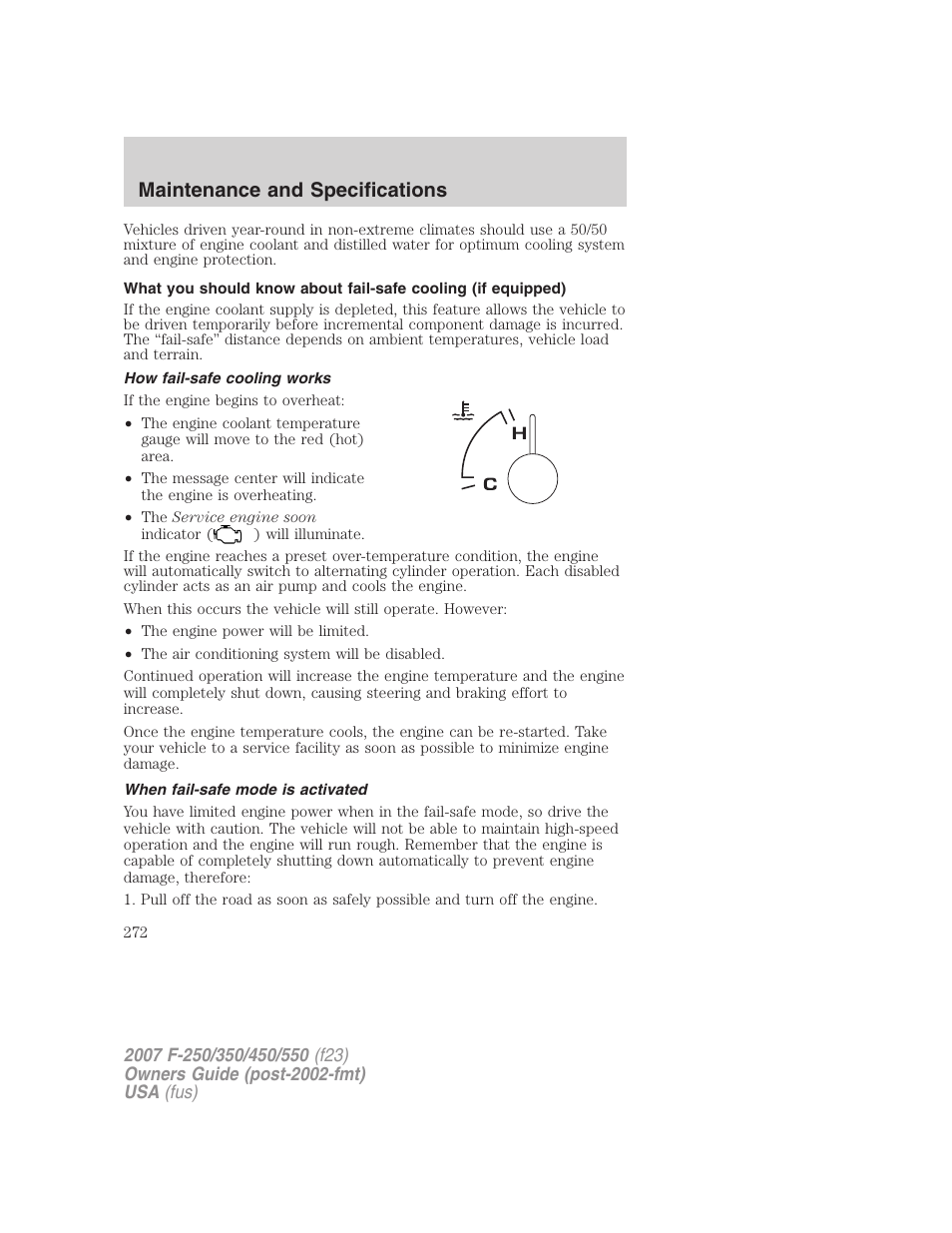 How fail-safe cooling works, When fail-safe mode is activated, Maintenance and specifications | FORD 2007 F-550 v.2 User Manual | Page 272 / 312