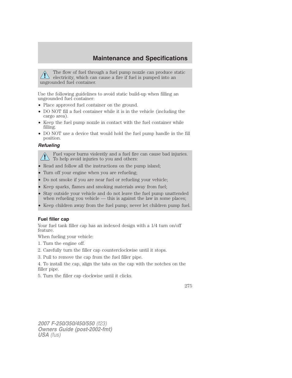 Refueling, Fuel filler cap, Maintenance and specifications | FORD 2007 F-550 v.2 User Manual | Page 275 / 312