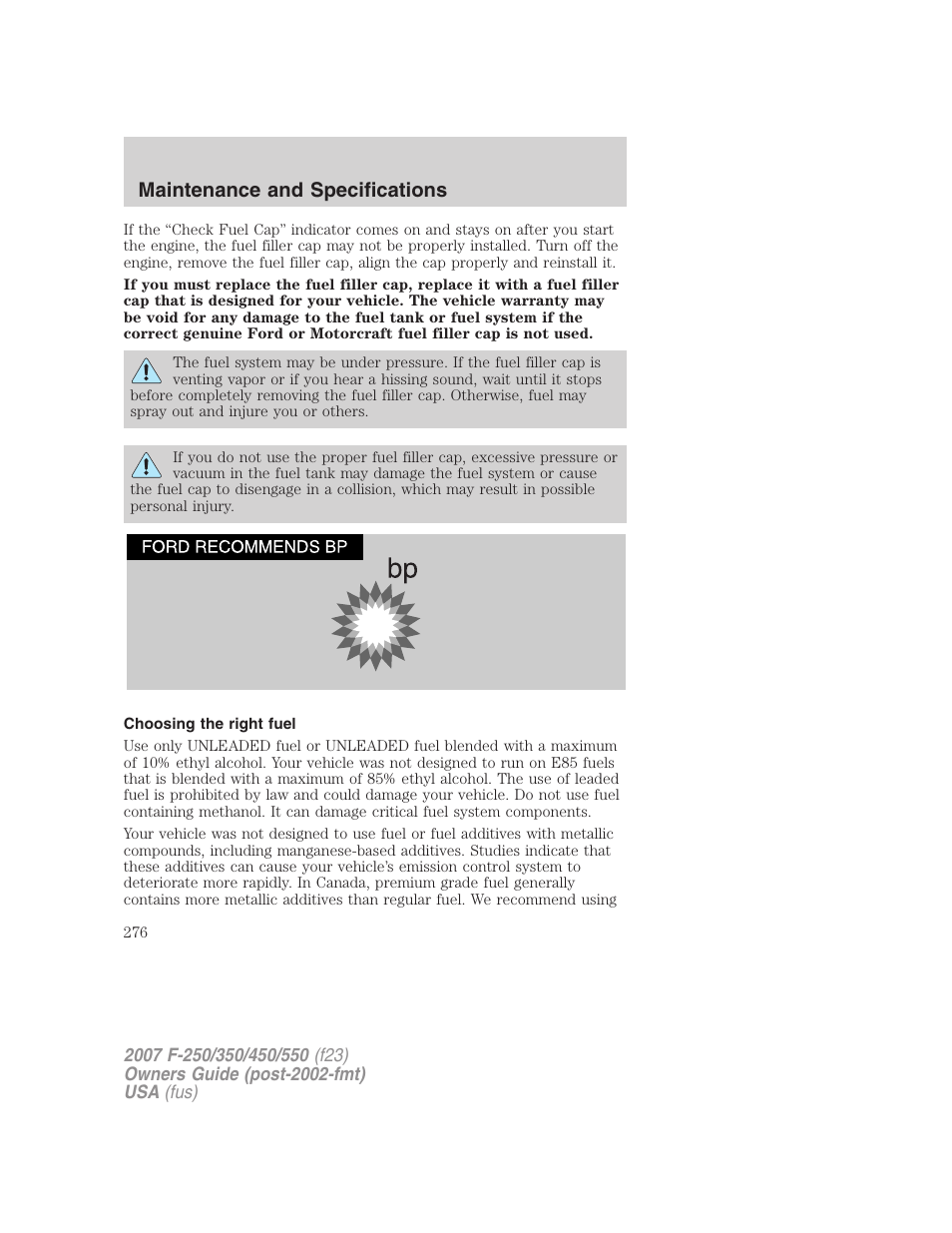 Choosing the right fuel, Maintenance and specifications | FORD 2007 F-550 v.2 User Manual | Page 276 / 312