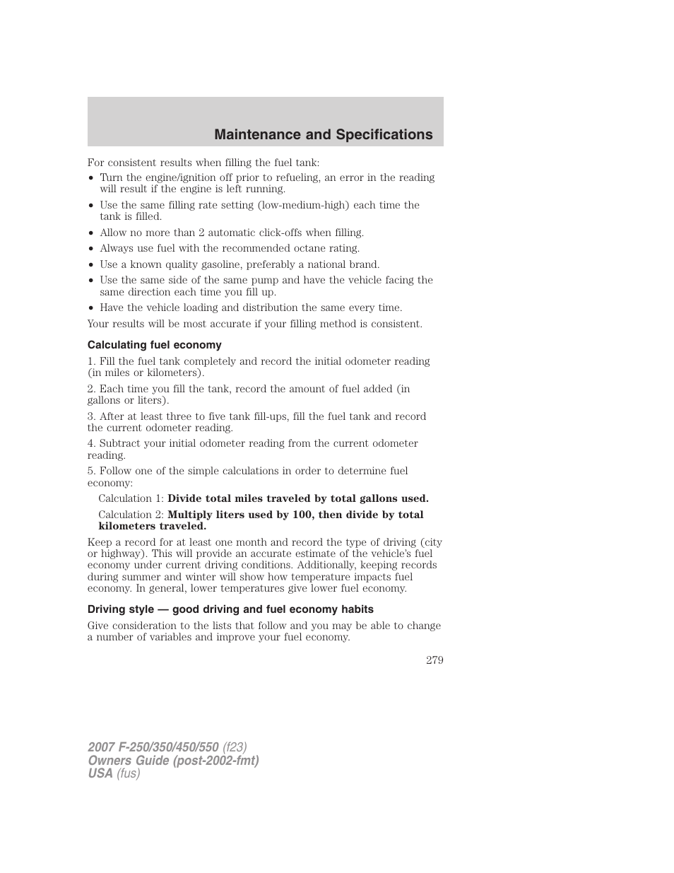 Calculating fuel economy, Maintenance and specifications | FORD 2007 F-550 v.2 User Manual | Page 279 / 312