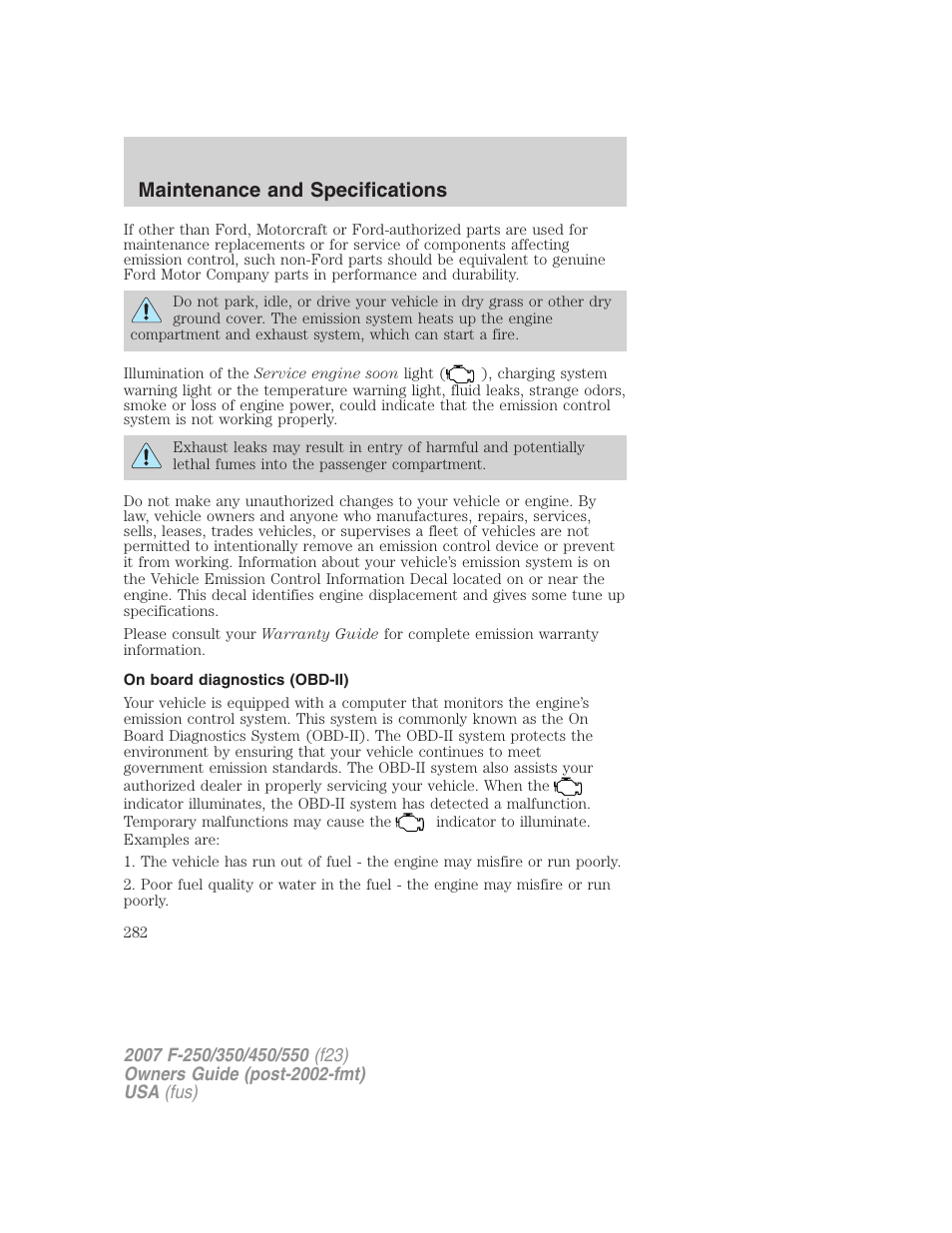 On board diagnostics (obd-ii), Maintenance and specifications | FORD 2007 F-550 v.2 User Manual | Page 282 / 312