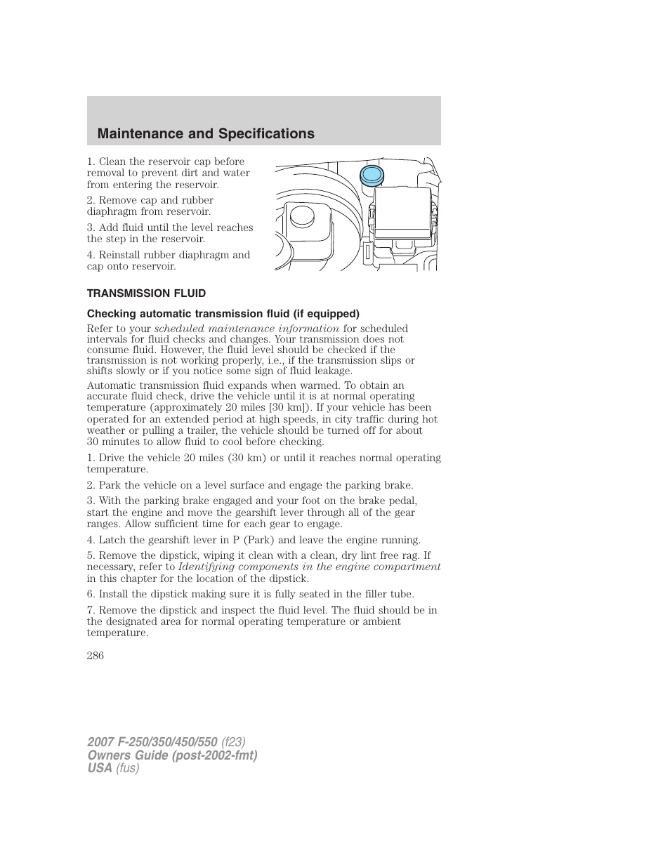 Transmission fluid, Maintenance and specifications | FORD 2007 F-550 v.2 User Manual | Page 286 / 312