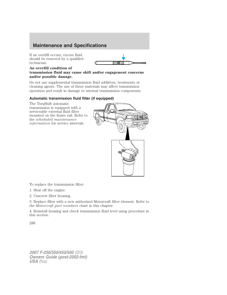 Automatic transmission fluid filter (if equipped), Maintenance and specifications | FORD 2007 F-550 v.2 User Manual | Page 288 / 312