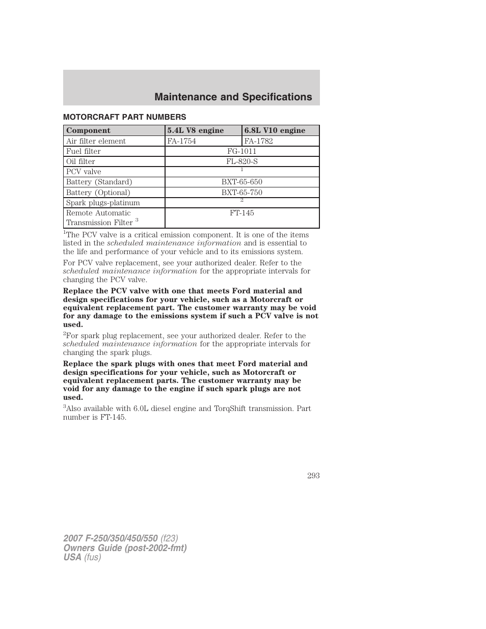 Motorcraft part numbers, Part numbers, Maintenance and specifications | FORD 2007 F-550 v.2 User Manual | Page 293 / 312