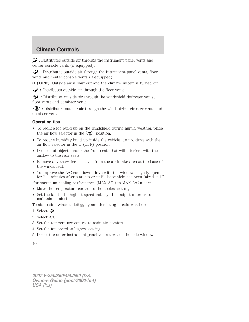 Operating tips, Climate controls | FORD 2007 F-550 v.2 User Manual | Page 40 / 312