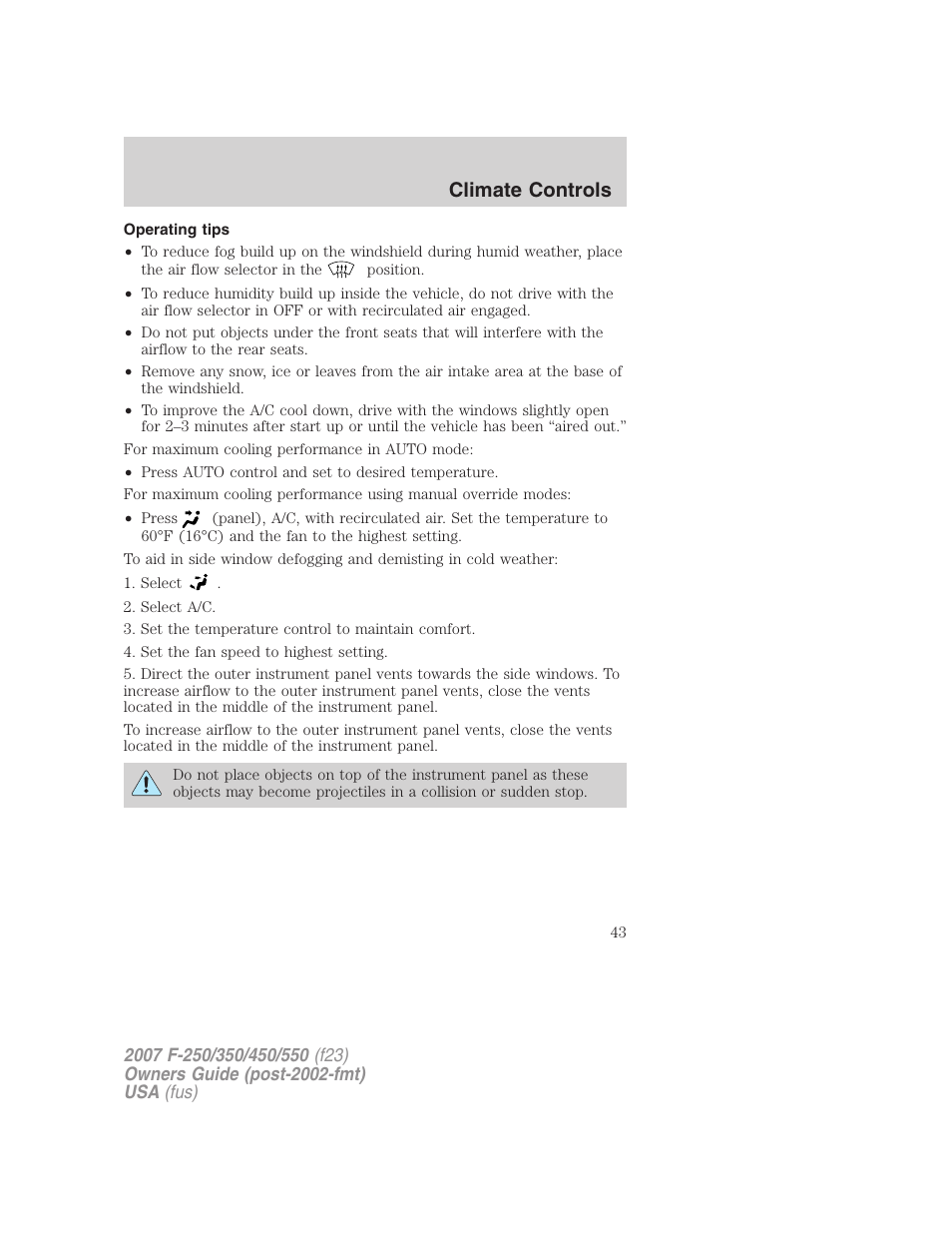 Operating tips, Climate controls | FORD 2007 F-550 v.2 User Manual | Page 43 / 312