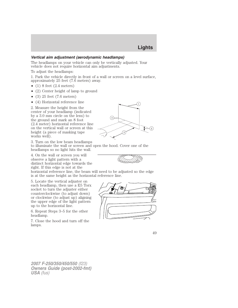 Vertical aim adjustment (aerodynamic headlamps), Lights | FORD 2007 F-550 v.2 User Manual | Page 49 / 312