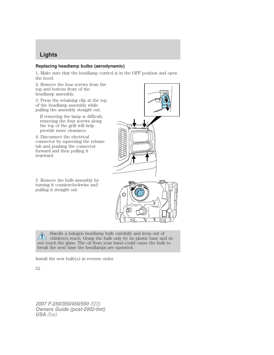 Replacing headlamp bulbs (aerodynamic), Lights | FORD 2007 F-550 v.2 User Manual | Page 52 / 312