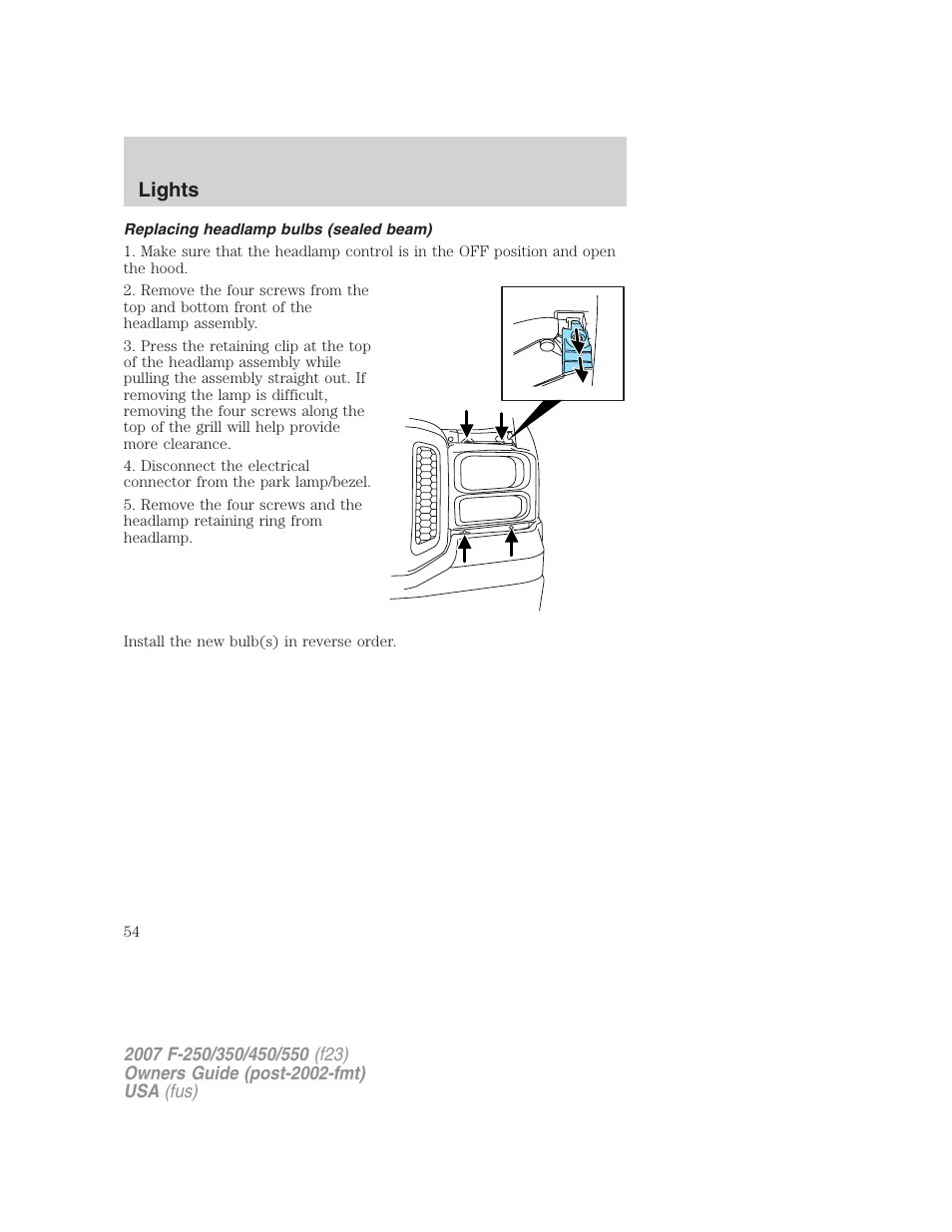 Replacing headlamp bulbs (sealed beam), Lights | FORD 2007 F-550 v.2 User Manual | Page 54 / 312