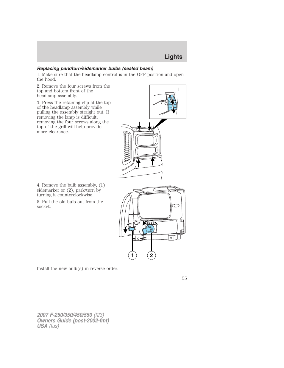 Replacing park/turn/sidemarker bulbs (sealed beam), Lights | FORD 2007 F-550 v.2 User Manual | Page 55 / 312