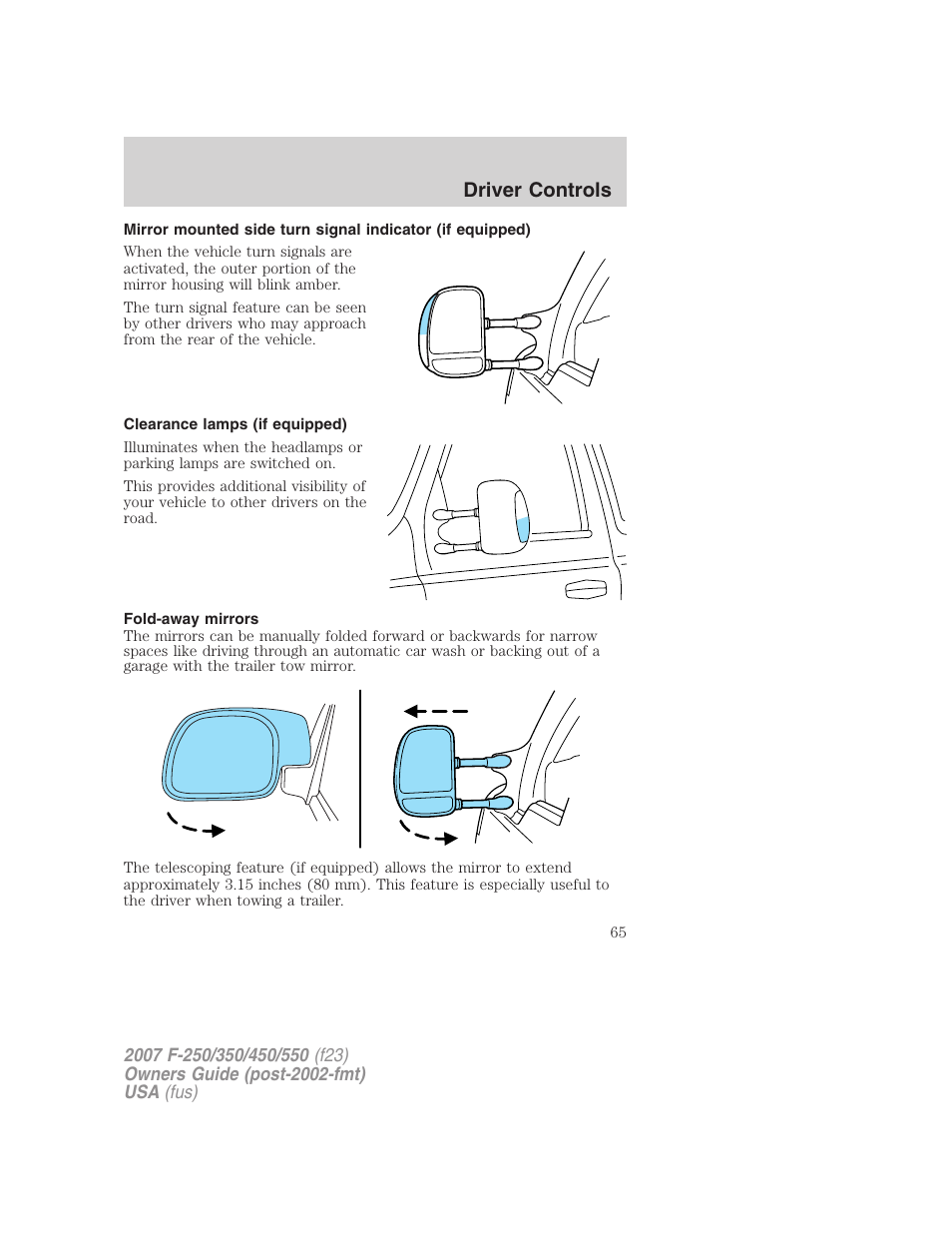 Clearance lamps (if equipped), Fold-away mirrors, Driver controls | FORD 2007 F-550 v.2 User Manual | Page 65 / 312