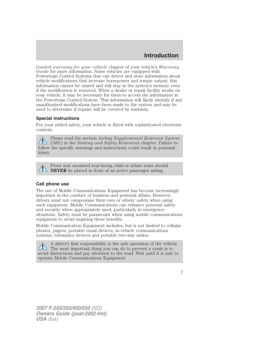 Special instructions, Cell phone use, Introduction | FORD 2007 F-550 v.2 User Manual | Page 7 / 312
