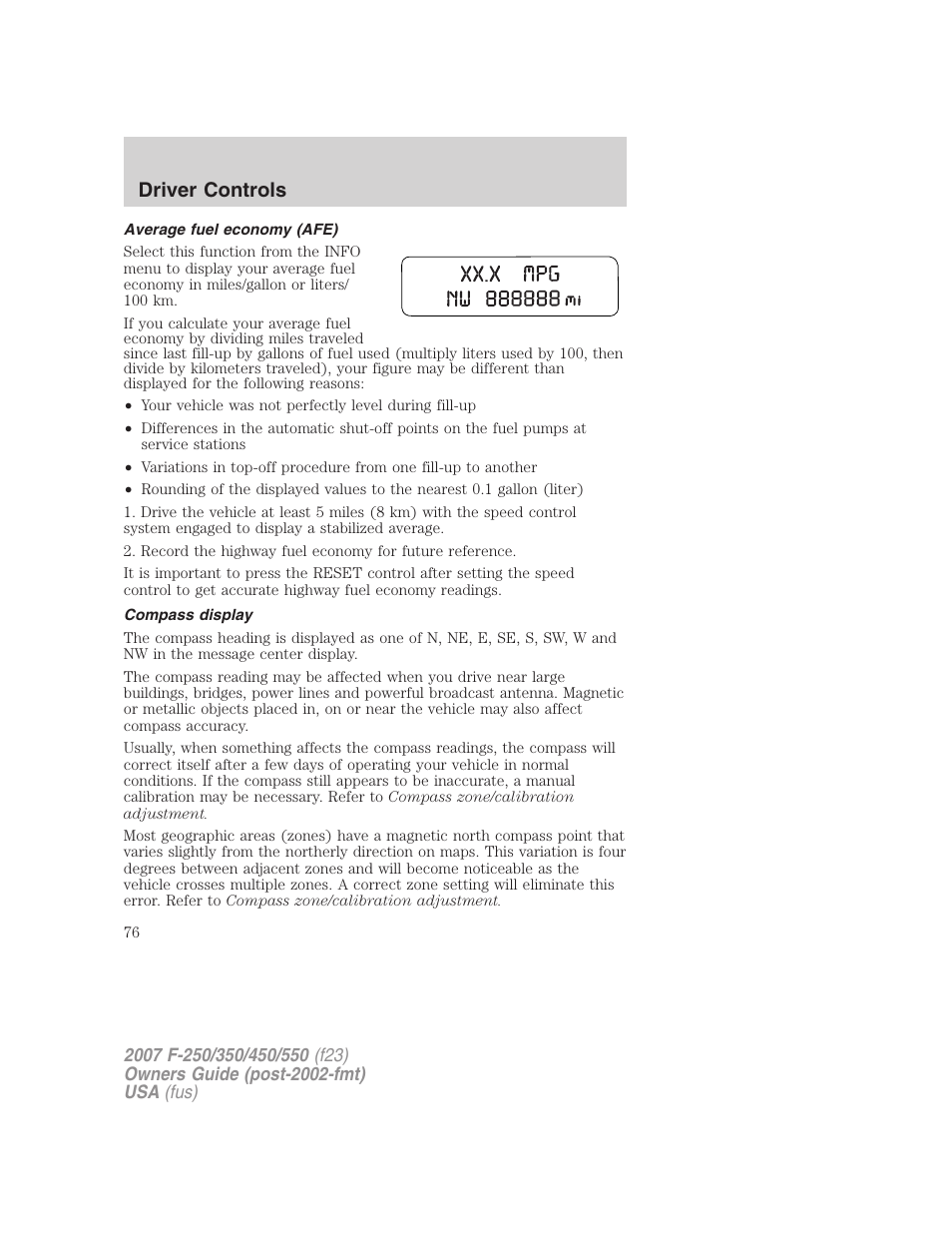 Average fuel economy (afe), Compass display, Driver controls | FORD 2007 F-550 v.2 User Manual | Page 76 / 312