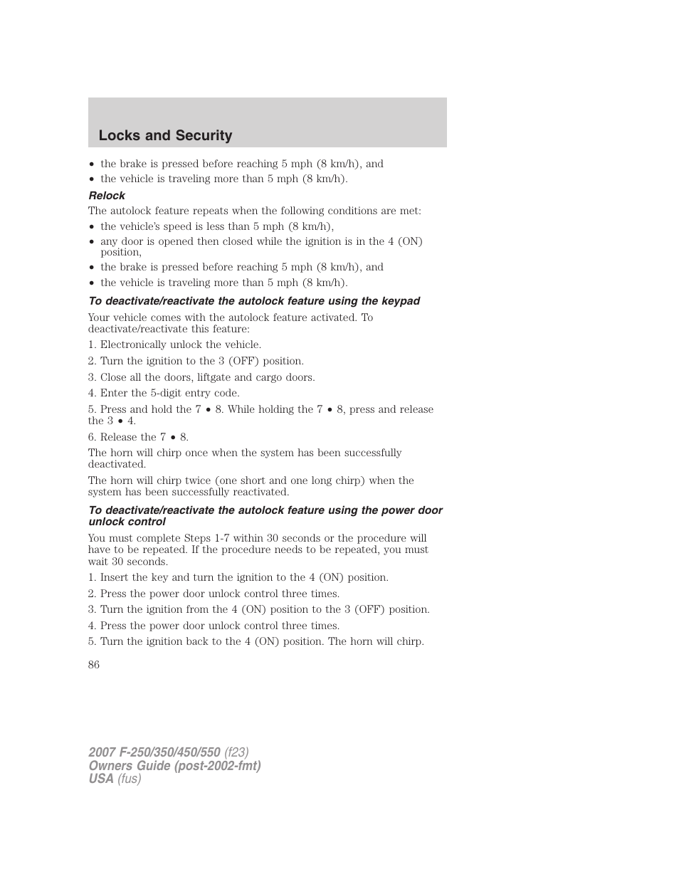 Relock, Locks and security | FORD 2007 F-550 v.2 User Manual | Page 86 / 312