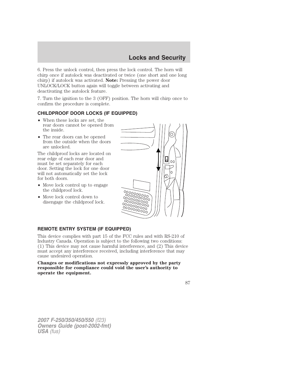 Childproof door locks (if equipped), Remote entry system (if equipped), Locks and security | FORD 2007 F-550 v.2 User Manual | Page 87 / 312