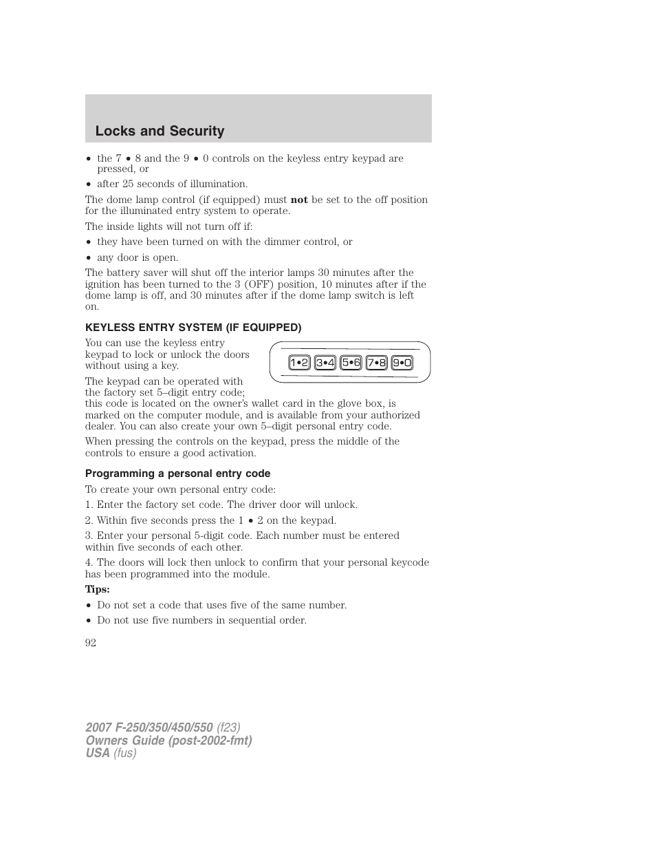 Keyless entry system (if equipped), Programming a personal entry code, Locks and security | FORD 2007 F-550 v.2 User Manual | Page 92 / 312