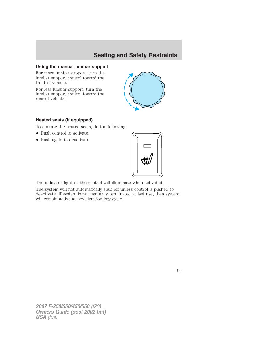 Using the manual lumbar support, Heated seats (if equipped), Seating and safety restraints | FORD 2007 F-550 v.2 User Manual | Page 99 / 312