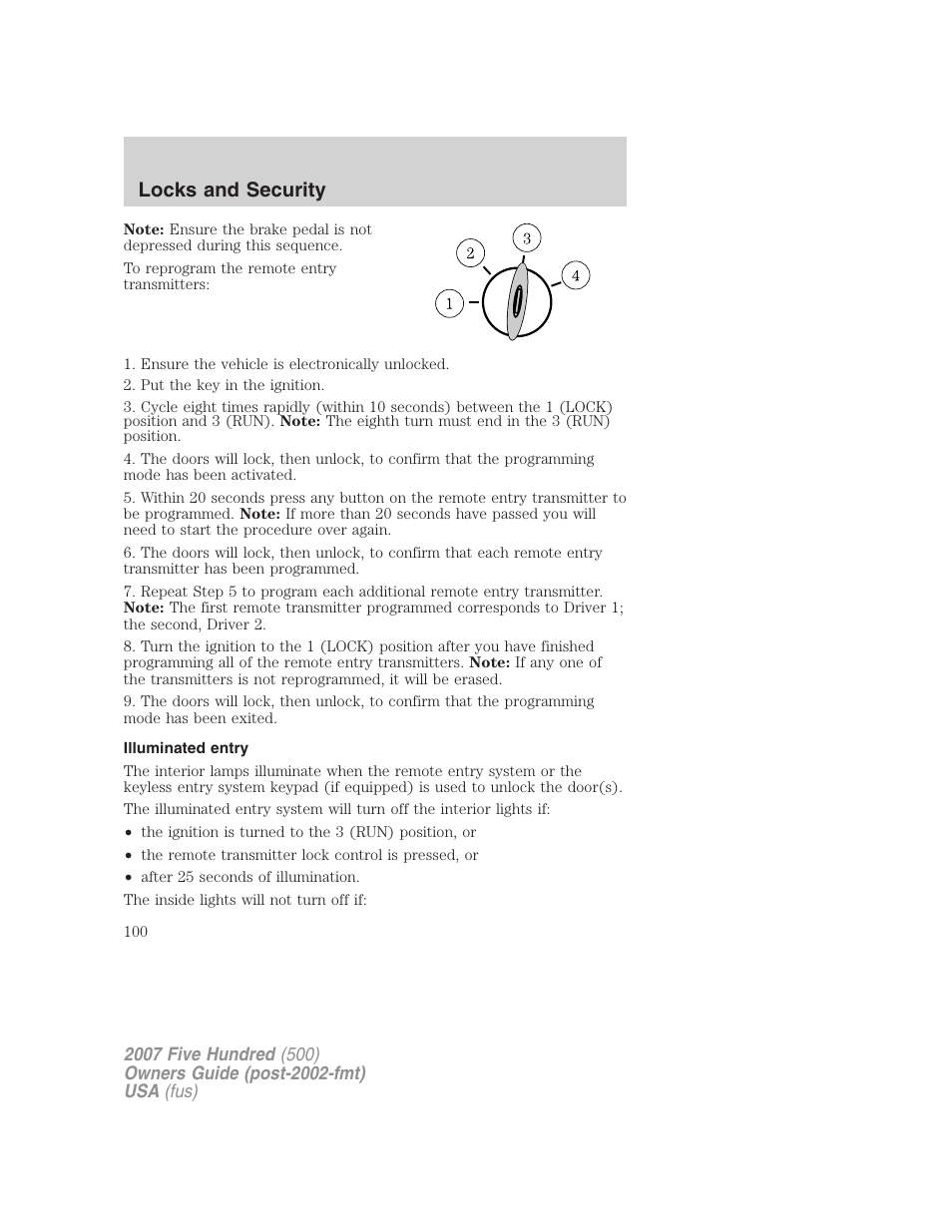 Illuminated entry, Locks and security | FORD 2007 Five Hundred v.1 User Manual | Page 100 / 288