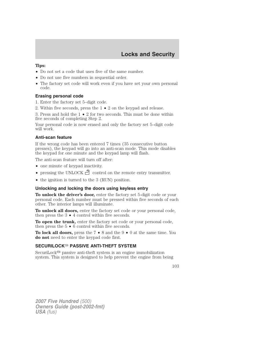 Erasing personal code, Anti-scan feature, Securilock passive anti-theft system | Anti-theft system, Locks and security | FORD 2007 Five Hundred v.1 User Manual | Page 103 / 288