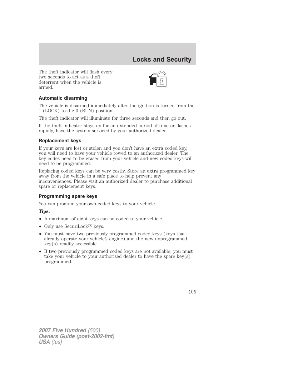 Automatic disarming, Replacement keys, Programming spare keys | Locks and security | FORD 2007 Five Hundred v.1 User Manual | Page 105 / 288