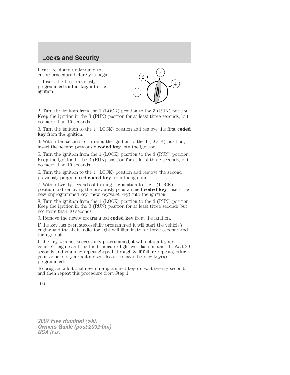Locks and security | FORD 2007 Five Hundred v.1 User Manual | Page 106 / 288