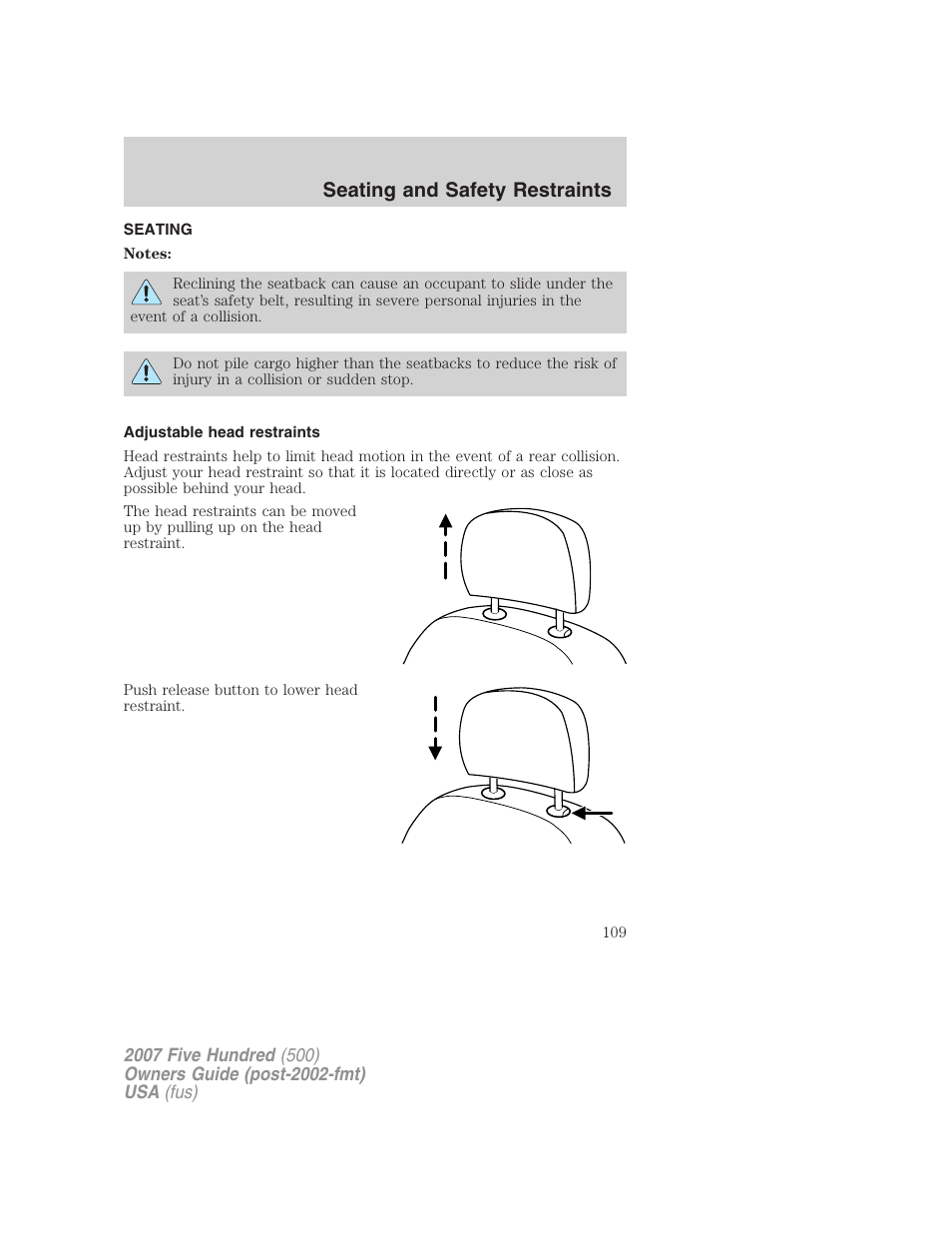 Seating and safety restraints, Seating, Adjustable head restraints | FORD 2007 Five Hundred v.1 User Manual | Page 109 / 288