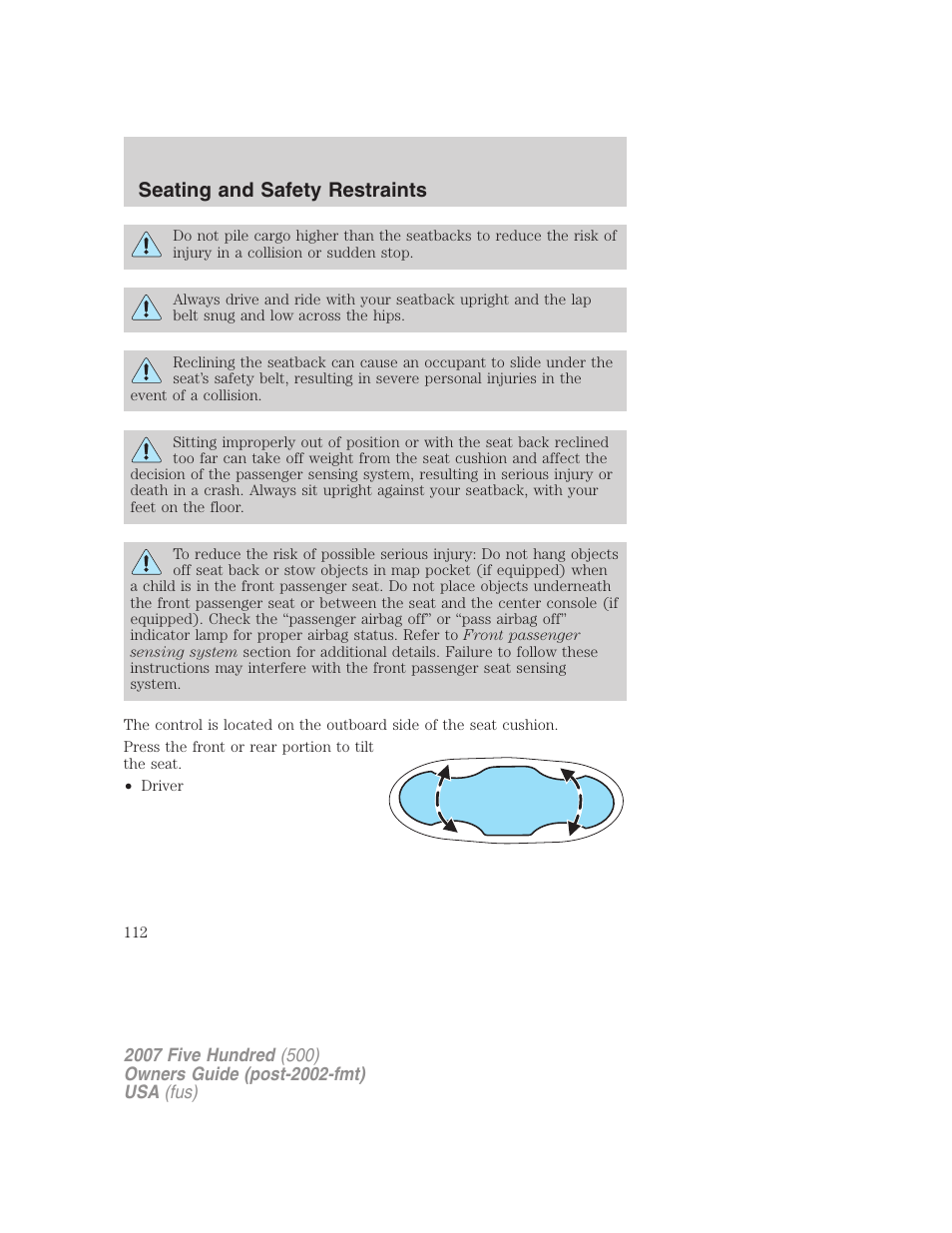 Seating and safety restraints | FORD 2007 Five Hundred v.1 User Manual | Page 112 / 288