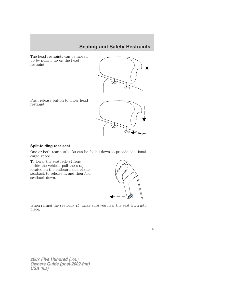 Split-folding rear seat, Seating and safety restraints | FORD 2007 Five Hundred v.1 User Manual | Page 115 / 288