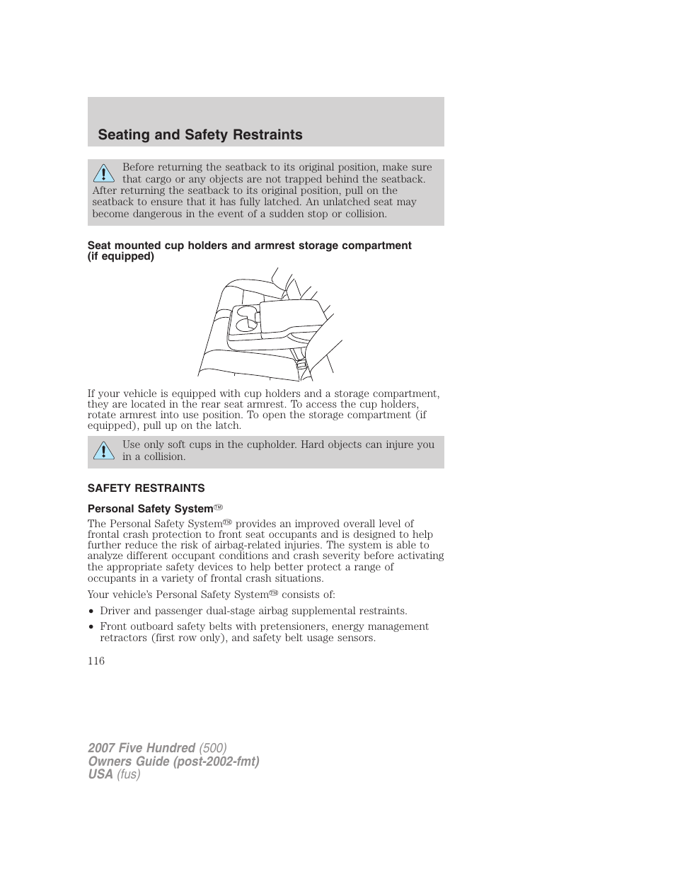 Safety restraints, Personal safety system, Seating and safety restraints | FORD 2007 Five Hundred v.1 User Manual | Page 116 / 288