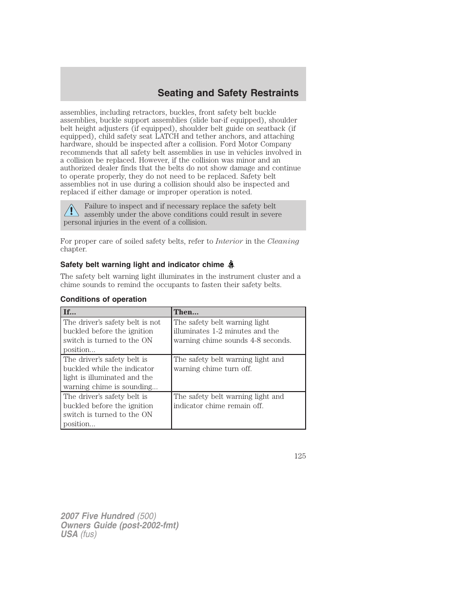 Safety belt warning light and indicator chime, Conditions of operation, Seating and safety restraints | FORD 2007 Five Hundred v.1 User Manual | Page 125 / 288