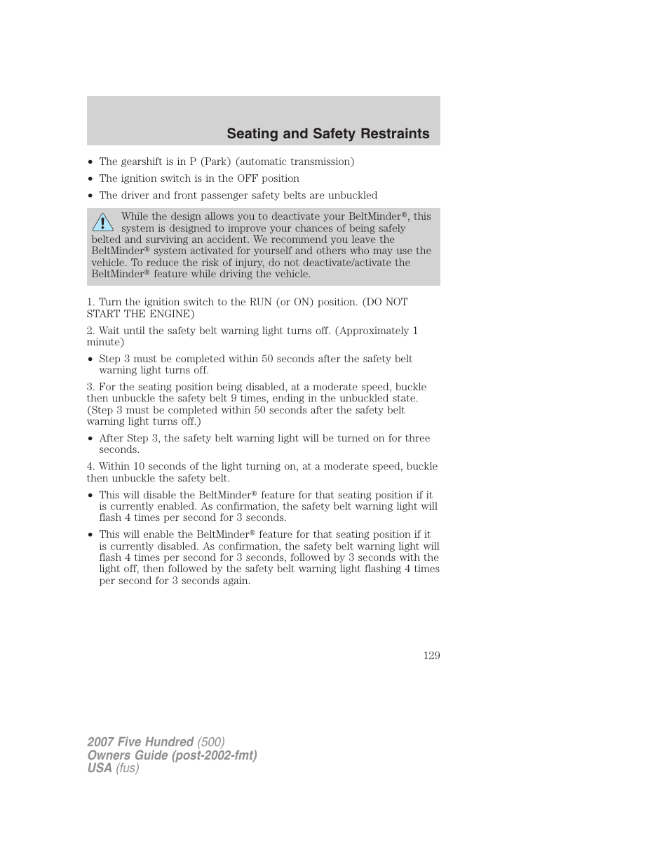 Seating and safety restraints | FORD 2007 Five Hundred v.1 User Manual | Page 129 / 288