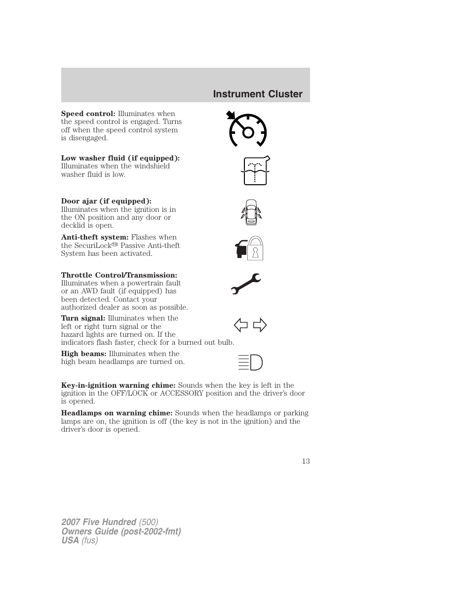 Instrument cluster | FORD 2007 Five Hundred v.1 User Manual | Page 13 / 288