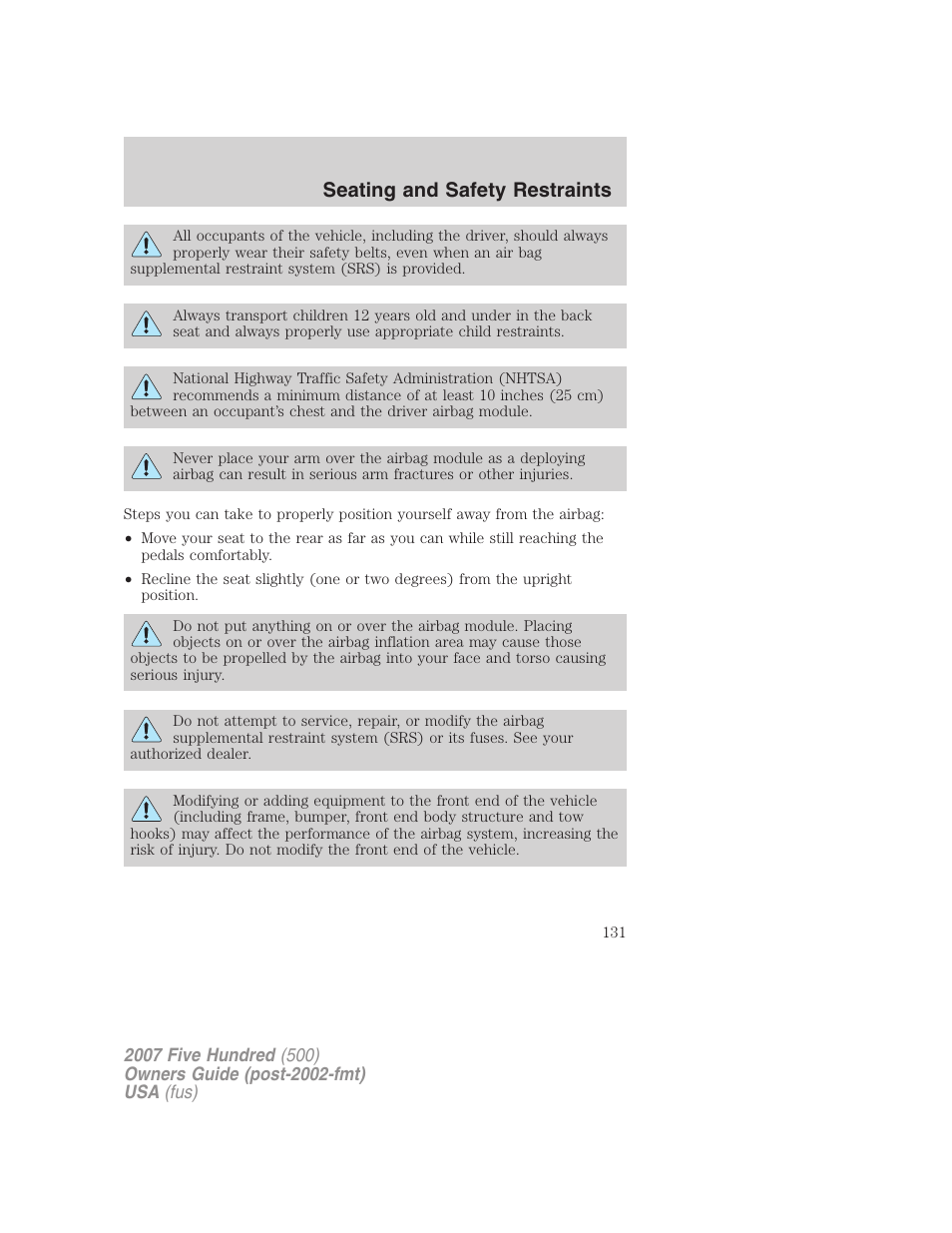 Seating and safety restraints | FORD 2007 Five Hundred v.1 User Manual | Page 131 / 288