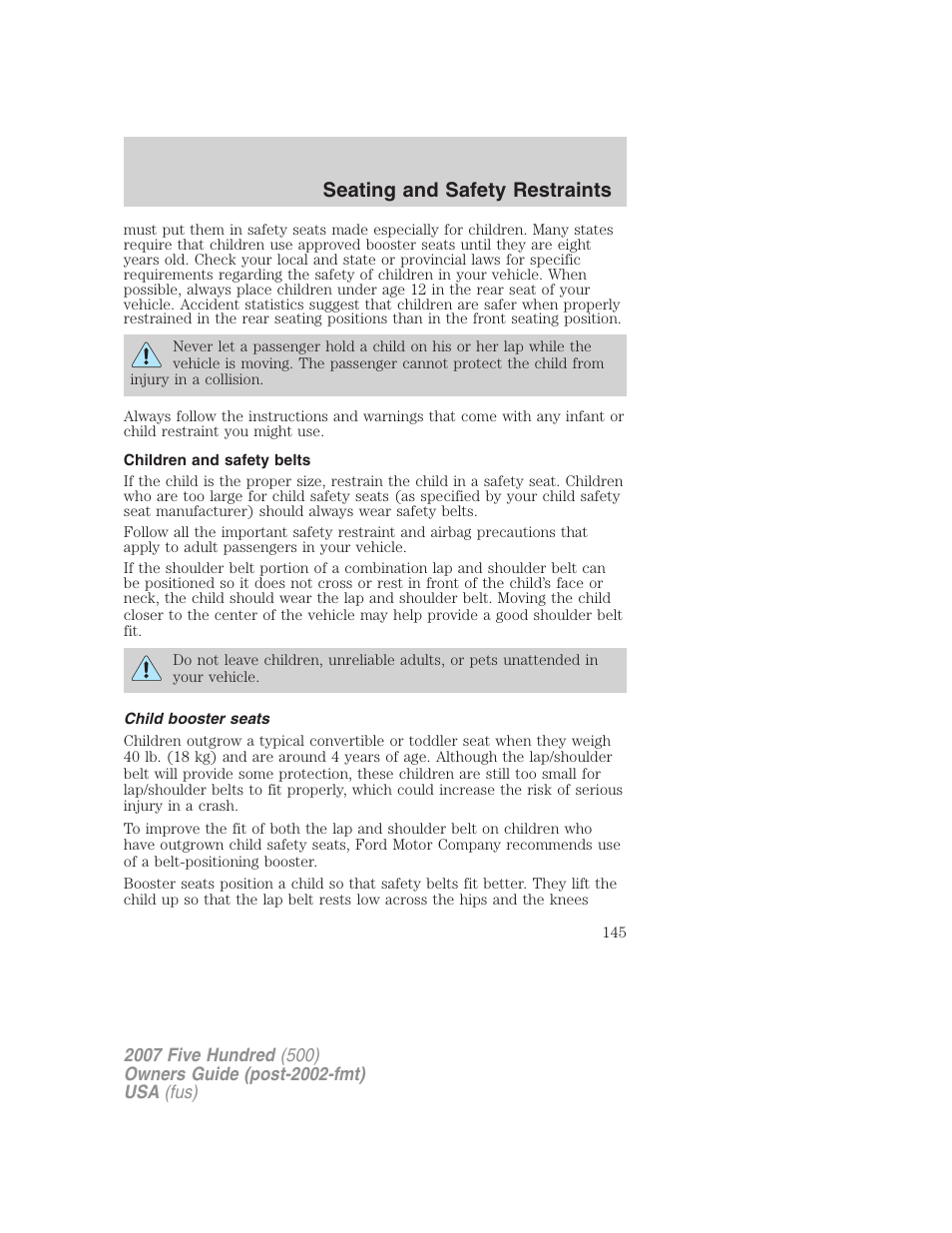 Children and safety belts, Child booster seats, Seating and safety restraints | FORD 2007 Five Hundred v.1 User Manual | Page 145 / 288