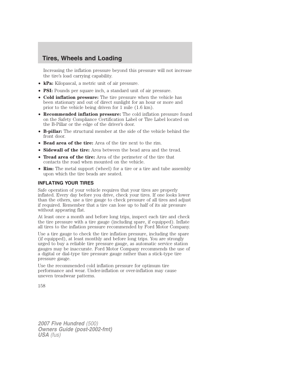 Inflating your tires, Tire inflation, Tires, wheels and loading | FORD 2007 Five Hundred v.1 User Manual | Page 158 / 288