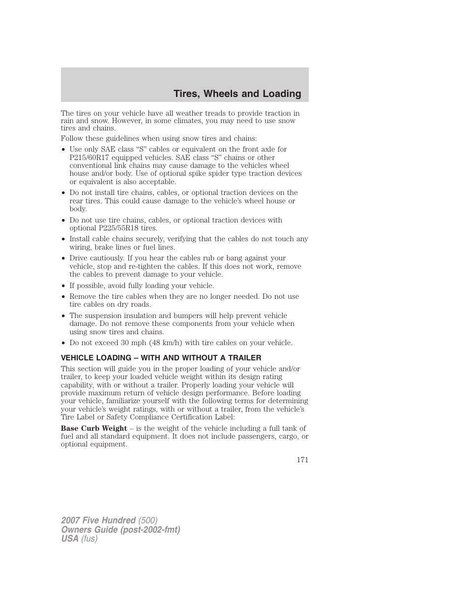 Vehicle loading – with and without a trailer, Vehicle loading, Tires, wheels and loading | FORD 2007 Five Hundred v.1 User Manual | Page 171 / 288