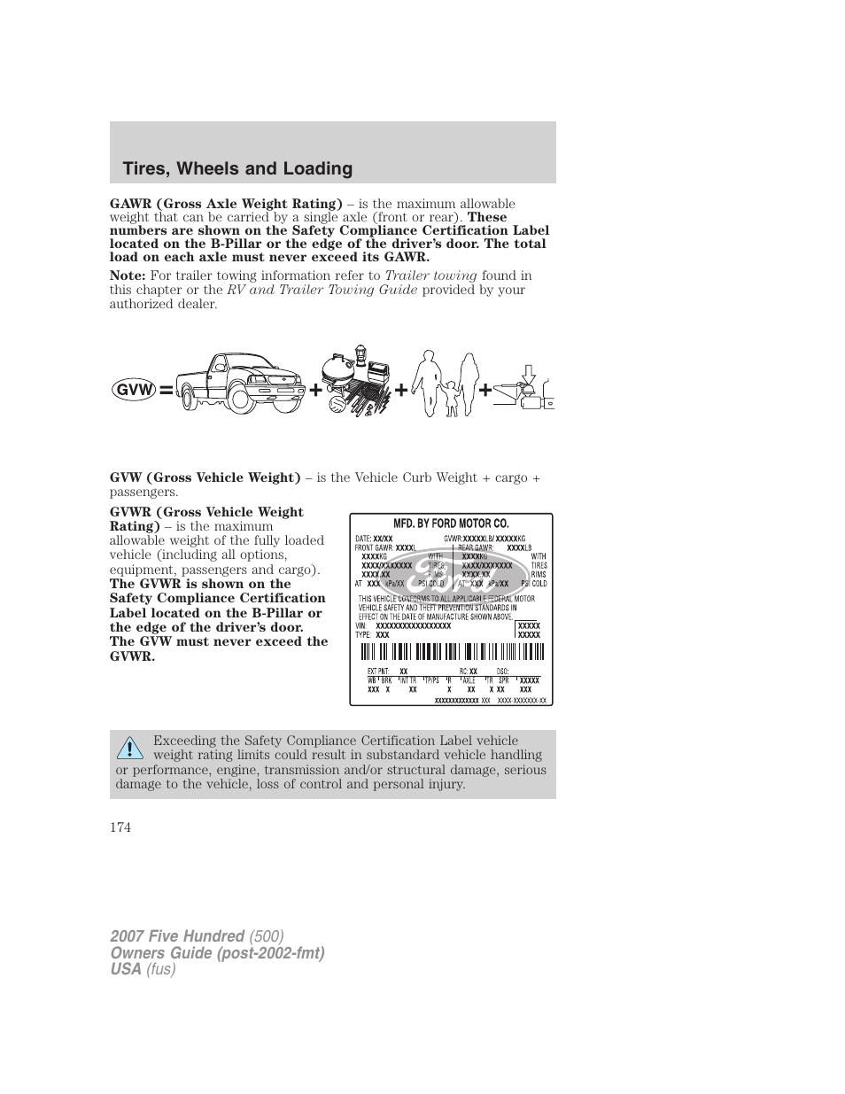 Tires, wheels and loading | FORD 2007 Five Hundred v.1 User Manual | Page 174 / 288