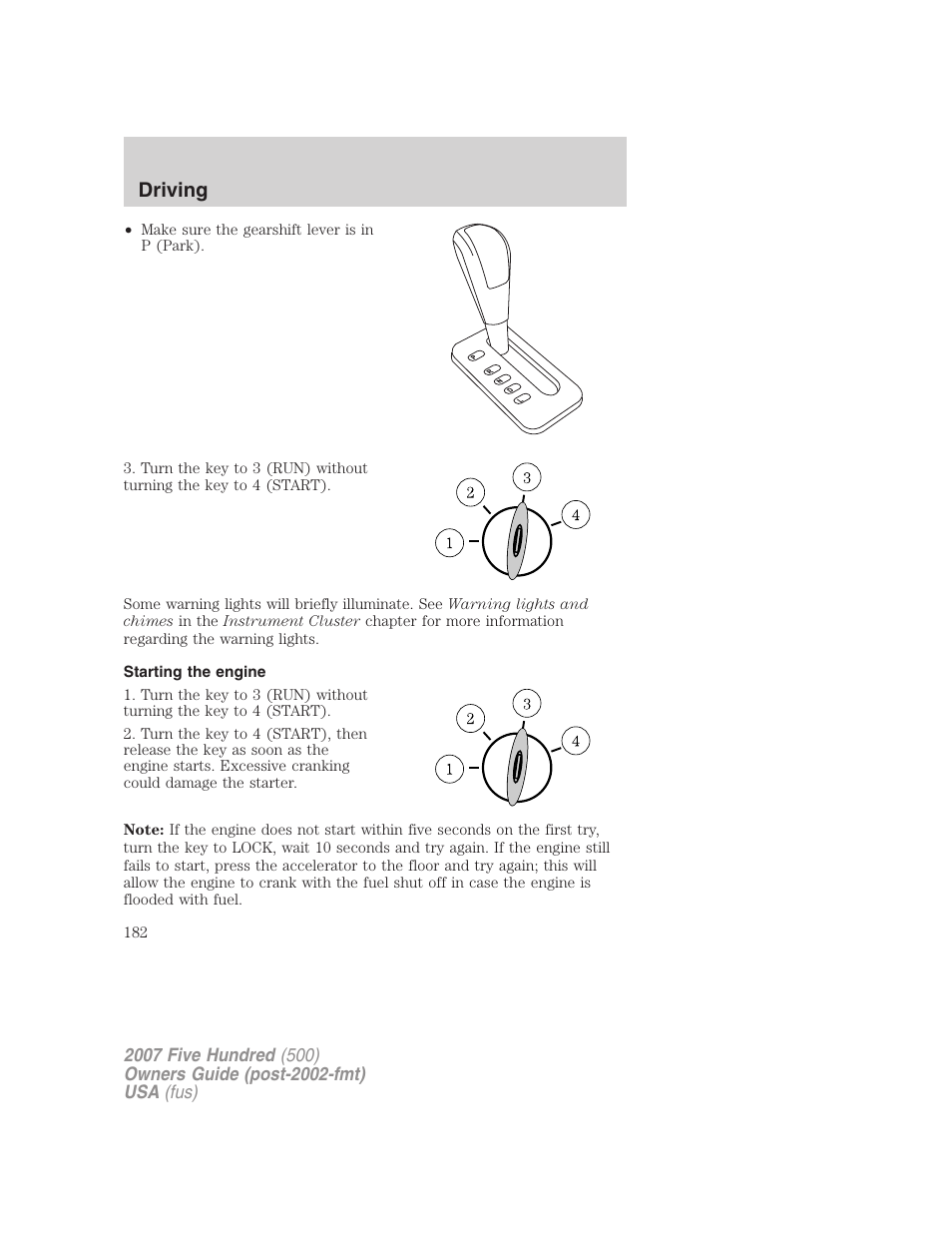 Starting the engine, Driving | FORD 2007 Five Hundred v.1 User Manual | Page 182 / 288