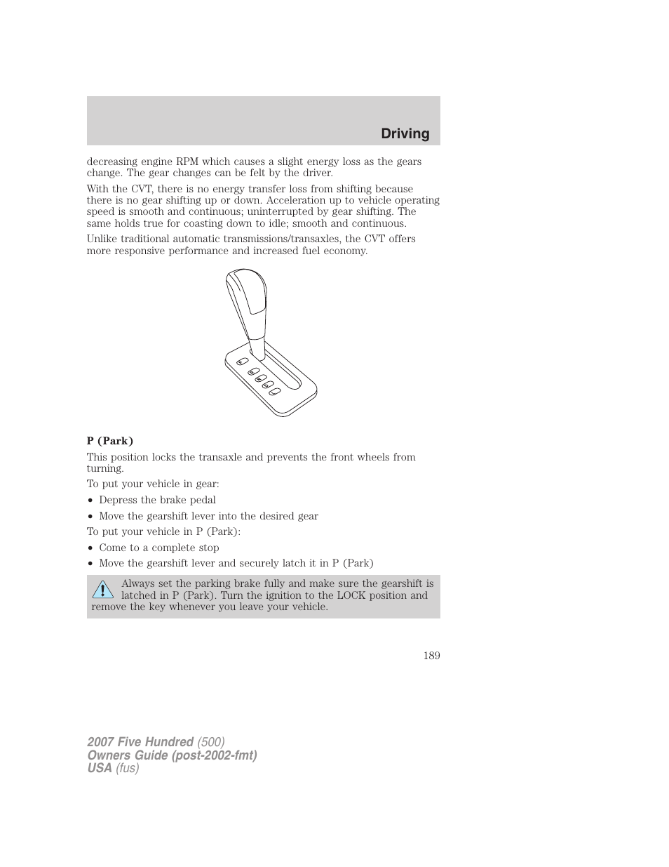 Driving | FORD 2007 Five Hundred v.1 User Manual | Page 189 / 288