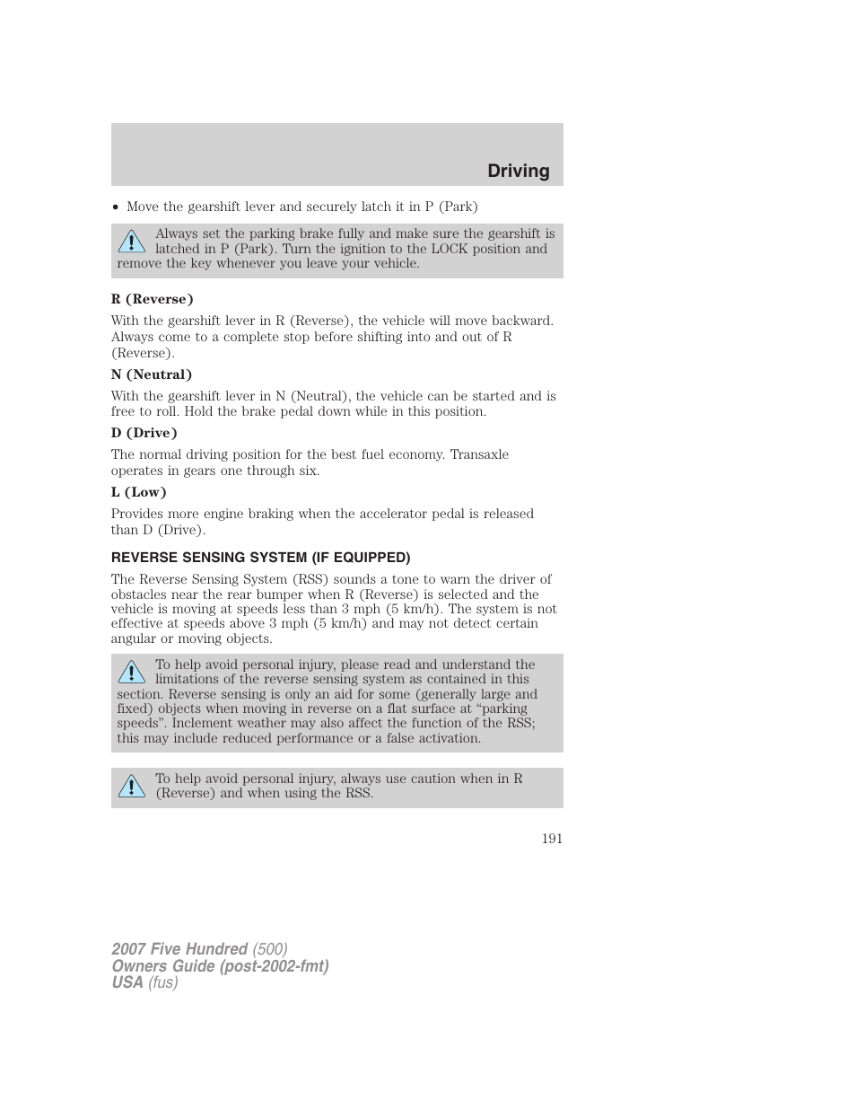 Reverse sensing system (if equipped), Driving | FORD 2007 Five Hundred v.1 User Manual | Page 191 / 288