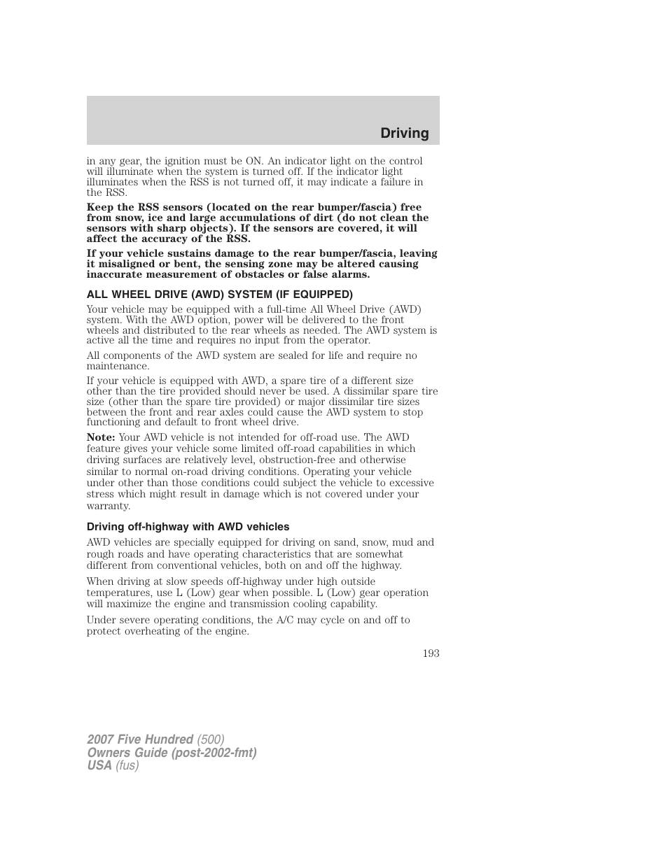 All wheel drive (awd) system (if equipped), Driving off-highway with awd vehicles, Driving | FORD 2007 Five Hundred v.1 User Manual | Page 193 / 288