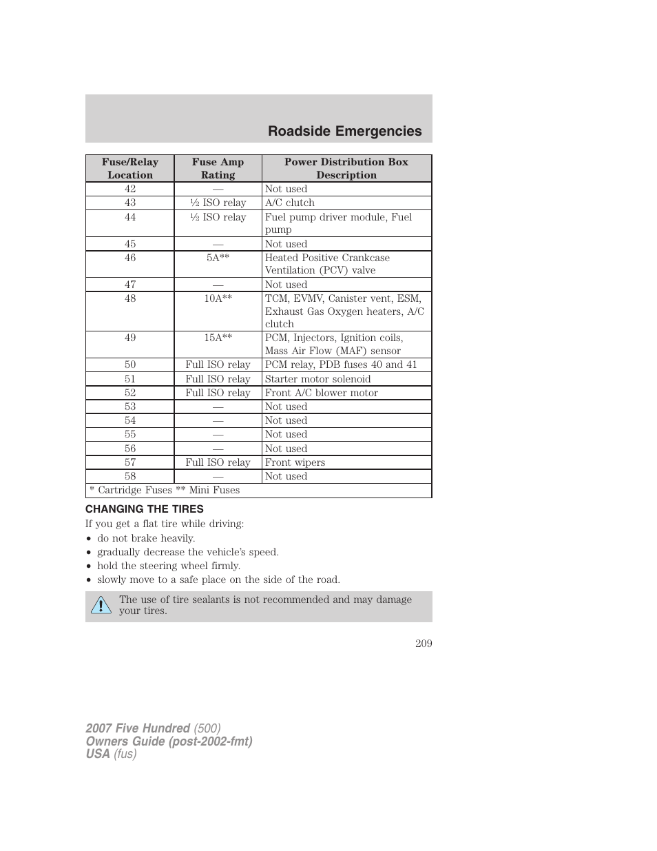 Changing the tires, Changing tires, Roadside emergencies | FORD 2007 Five Hundred v.1 User Manual | Page 209 / 288