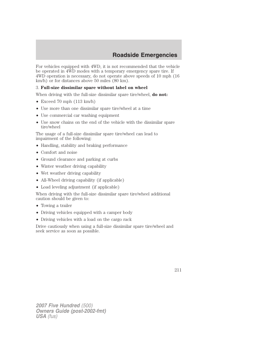 Roadside emergencies | FORD 2007 Five Hundred v.1 User Manual | Page 211 / 288