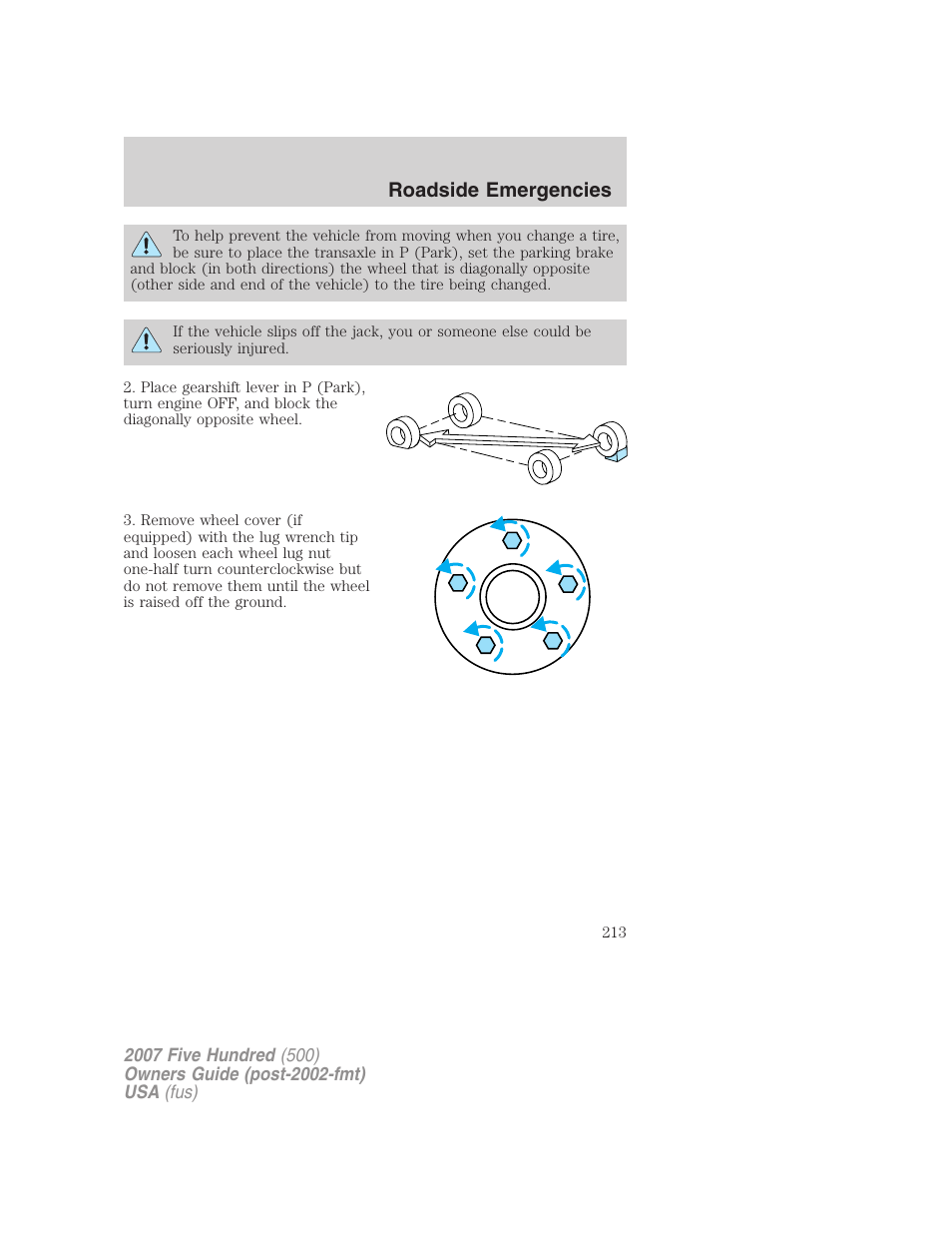 Roadside emergencies | FORD 2007 Five Hundred v.1 User Manual | Page 213 / 288