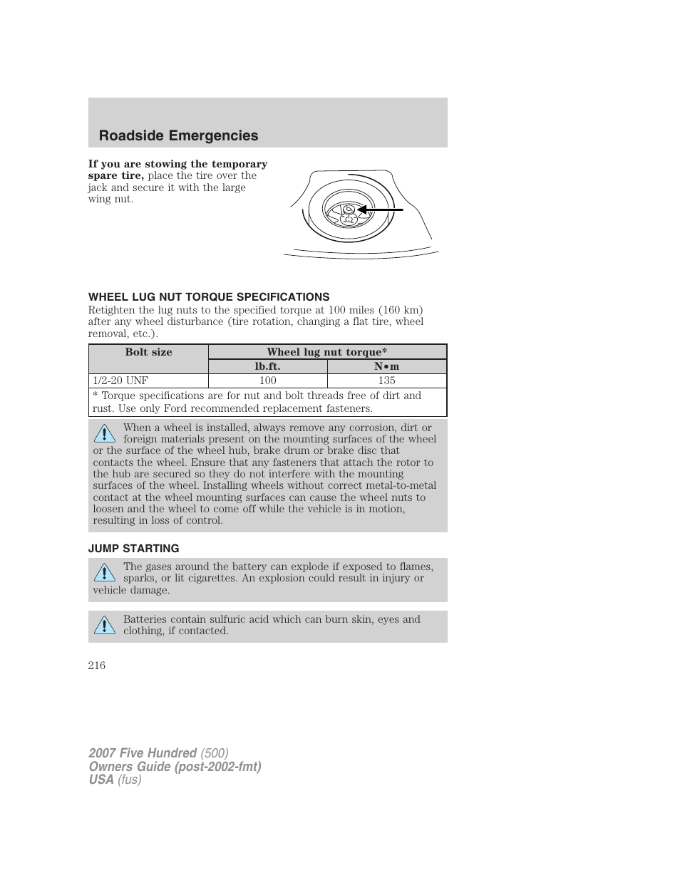 Wheel lug nut torque specifications, Jump starting, Lug nut torque | Roadside emergencies | FORD 2007 Five Hundred v.1 User Manual | Page 216 / 288